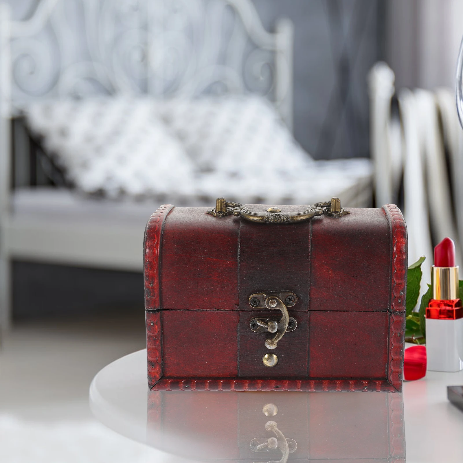 

Vintage Wooden Jewelry Box Treasure Chest Old Classy Design for Rings Earrings Necklaces Bracelets Home Office Decor