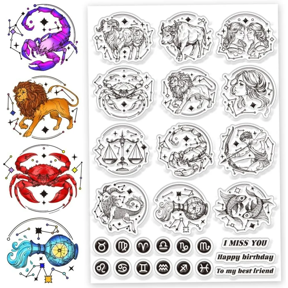 Twelve Constellations Clear Stamps Divination Transparent Stamps Blessings Clear Stamp Seals for Album Decoration 5.8x8.3inch