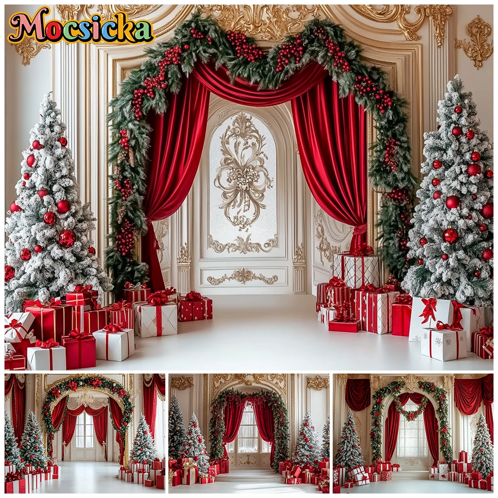 Mocsicka Golden Relief Wall Christmas Photo Backdrop Red Curtains Snow Flocked Xmas Tree Background Live Stream Holiday Shooting