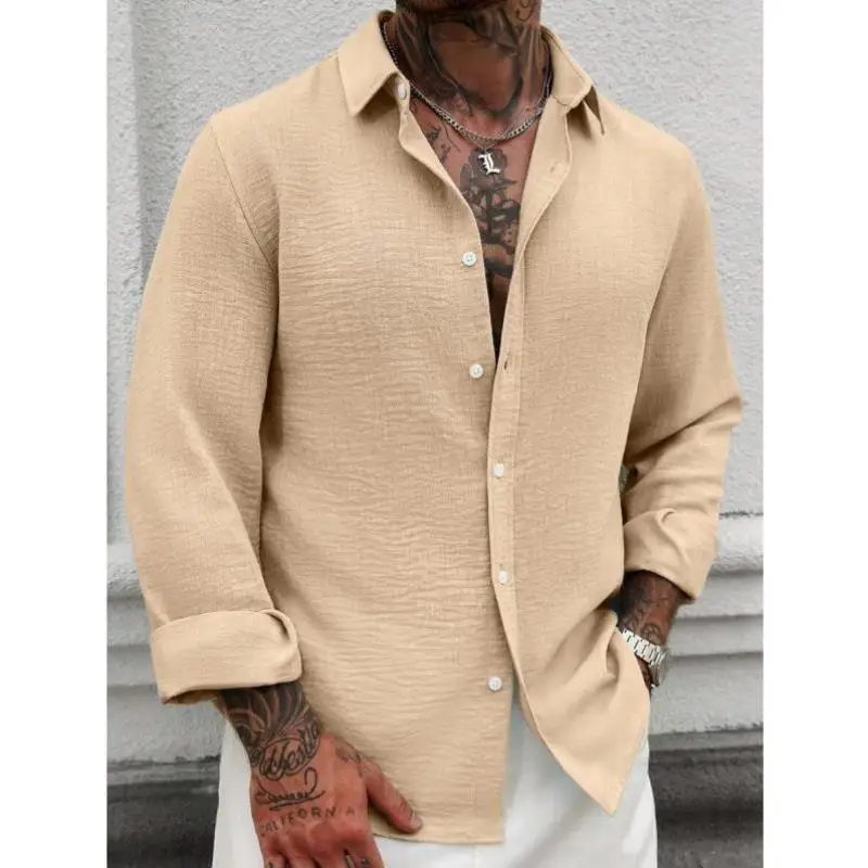 

Белое льняное длинное све irt Simple Sle, осенняя коллекция, повседневная одежда H 20665 TEMU, трансграничная мужская мода