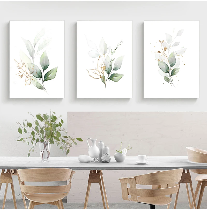 Bohemia Green Leaves Golden Floral Botanical Wall Art Canvas Paintings Poster Print Pictures For Living Room Kitchen Home Decor