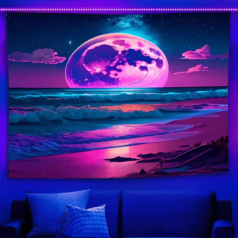 1pc  de Luz Negra  Reactivo UV Luna Naciente Sobre el Mar  Estético Misterioso Bohemio Colgante de Pared pa