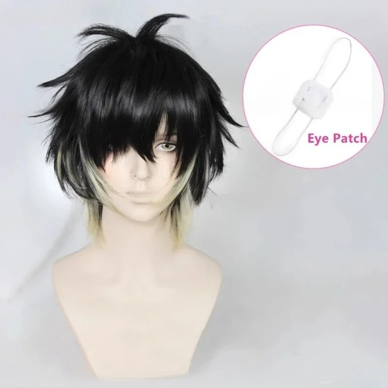 Eye Patch Heat Resistant Hair Halloween Party Wigs Anime Towa Synthetic Men Short Black Yellow Cosplay Anime Wig