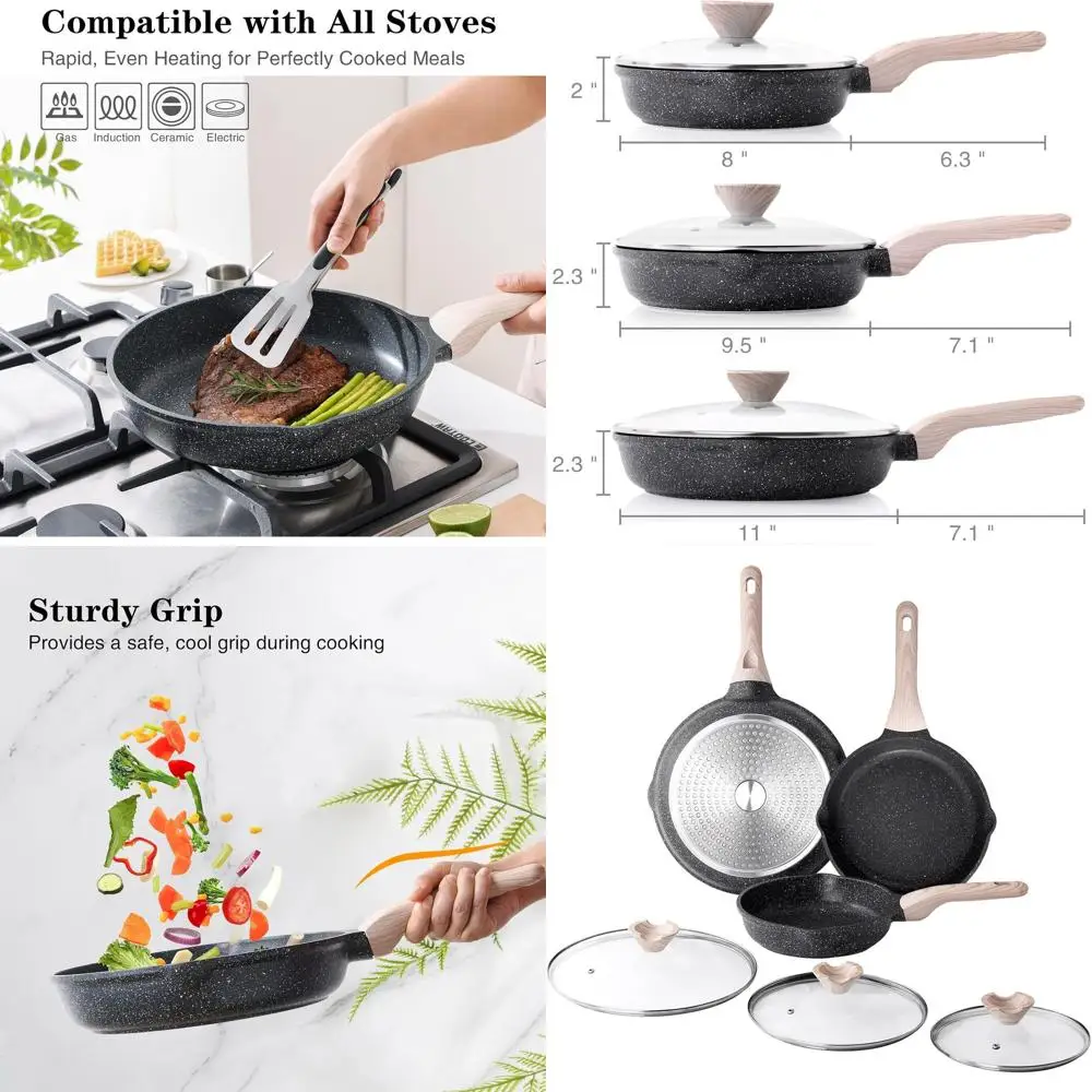 

3-Piece Nonstick Skillet Set with Lids, Healthy Induction Cookware, Cool Handle, All-Stovetop Compatible, PFOA-Free (8, 9.5, 11)