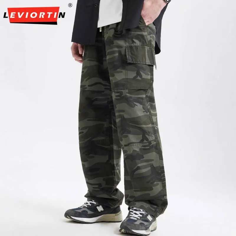 Men Vintage Camouflage Work Pants with Multi-Pocket Straight Tapered Slightly Flared Hem Casual Versatile Comfort Cargo Trousers