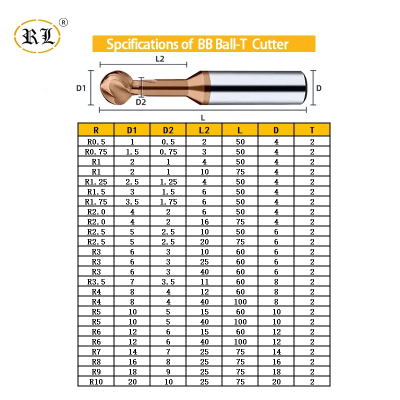 RL HRC60 Ball T Shape Cutter Tungsten Steel Lollipop Milling Cutter R0.5-R10 Solid Carbide CNC Milling Cutter Arc Groove 3D