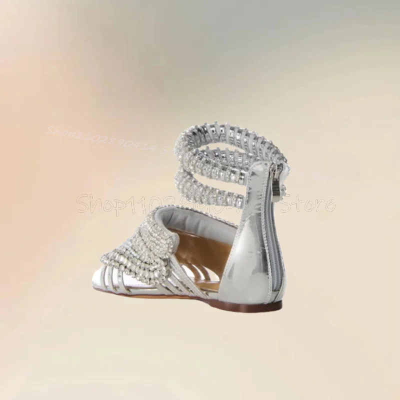 Silver Crystal Decor Open Toe Cover Heel Sandals Back Zipper Women Shoes Low Top Fashion Party Banquet 2024 Zapatos Para Mujere