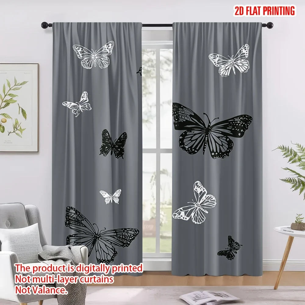 Elegant Butterfly Print Curtains Gray Modern Boho Nursery Bedroom Window Drapery Home Decor Large Scale Wall Art