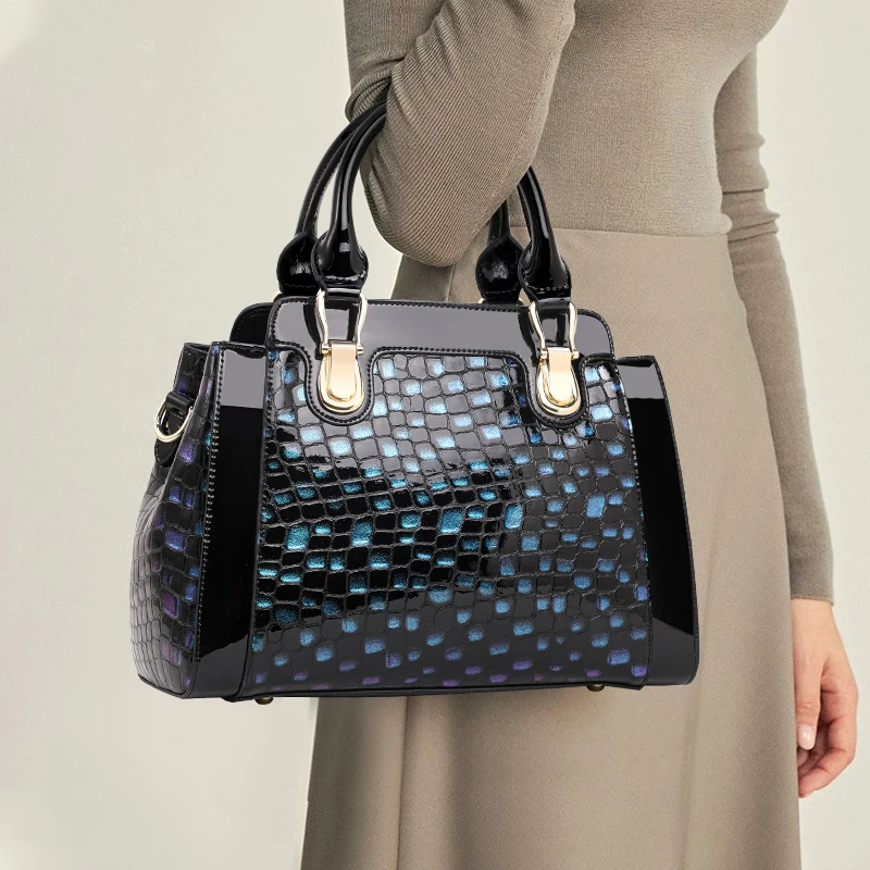 

Genuine Leather Women's Handbag - High-End Sapphire Blue Stone Pattern, Large Capacity Shoulder Bag