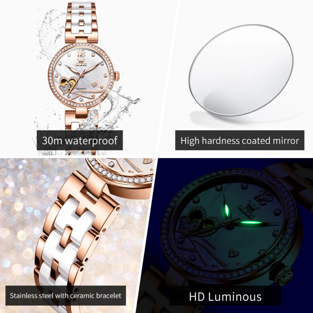 ساعة OLEVS 7086 الميكانيكية الأنيقة هدية دائرية الشكل من الفولاذ المقاوم للصدأ بسوار ساعة يد مضيئة