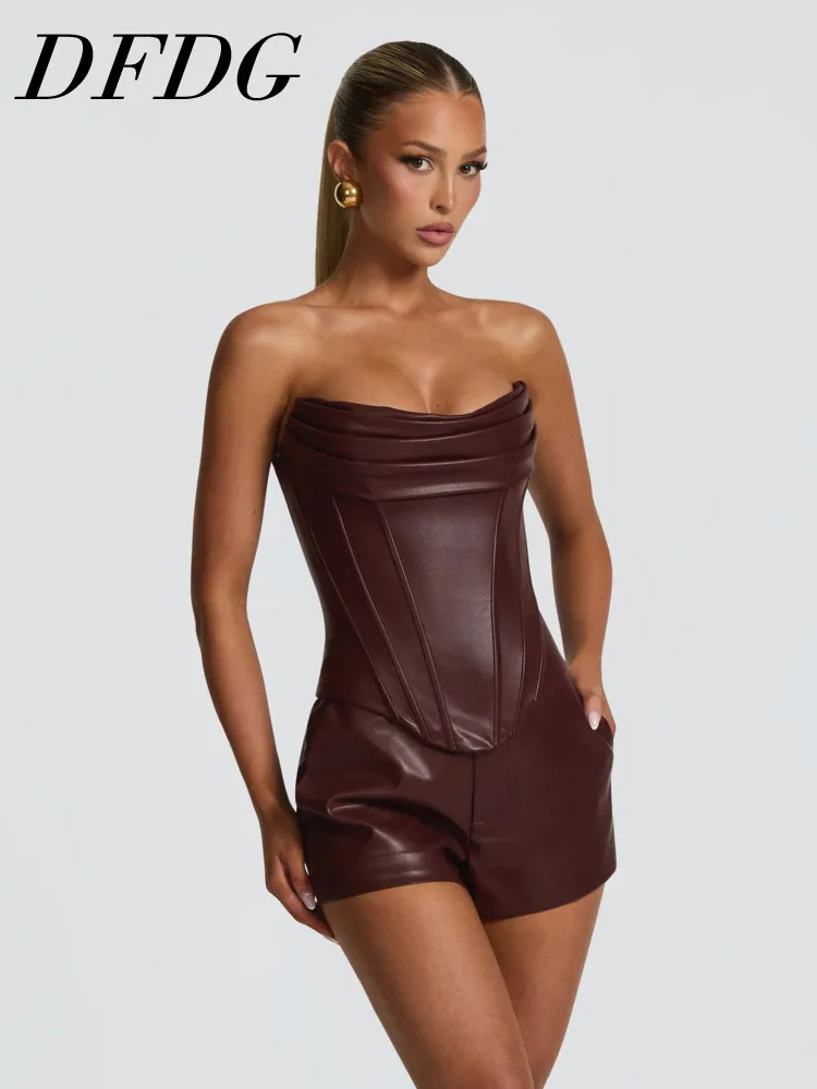 

DFDG Women 2026 Spring Summer Two Piece Outfit Strapless Faux Leather Corset Top High Waist Shorts Set Elegant Clubwear Suit