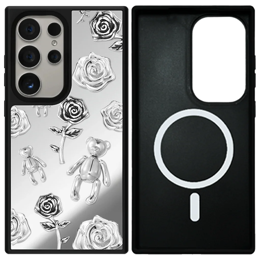 

Creative Silver Rose Mirror Magnetic Case for Samsung Galaxy S23 S24 S25 Ultra S25+ Plus Protective Shell Cartoon Magic Show