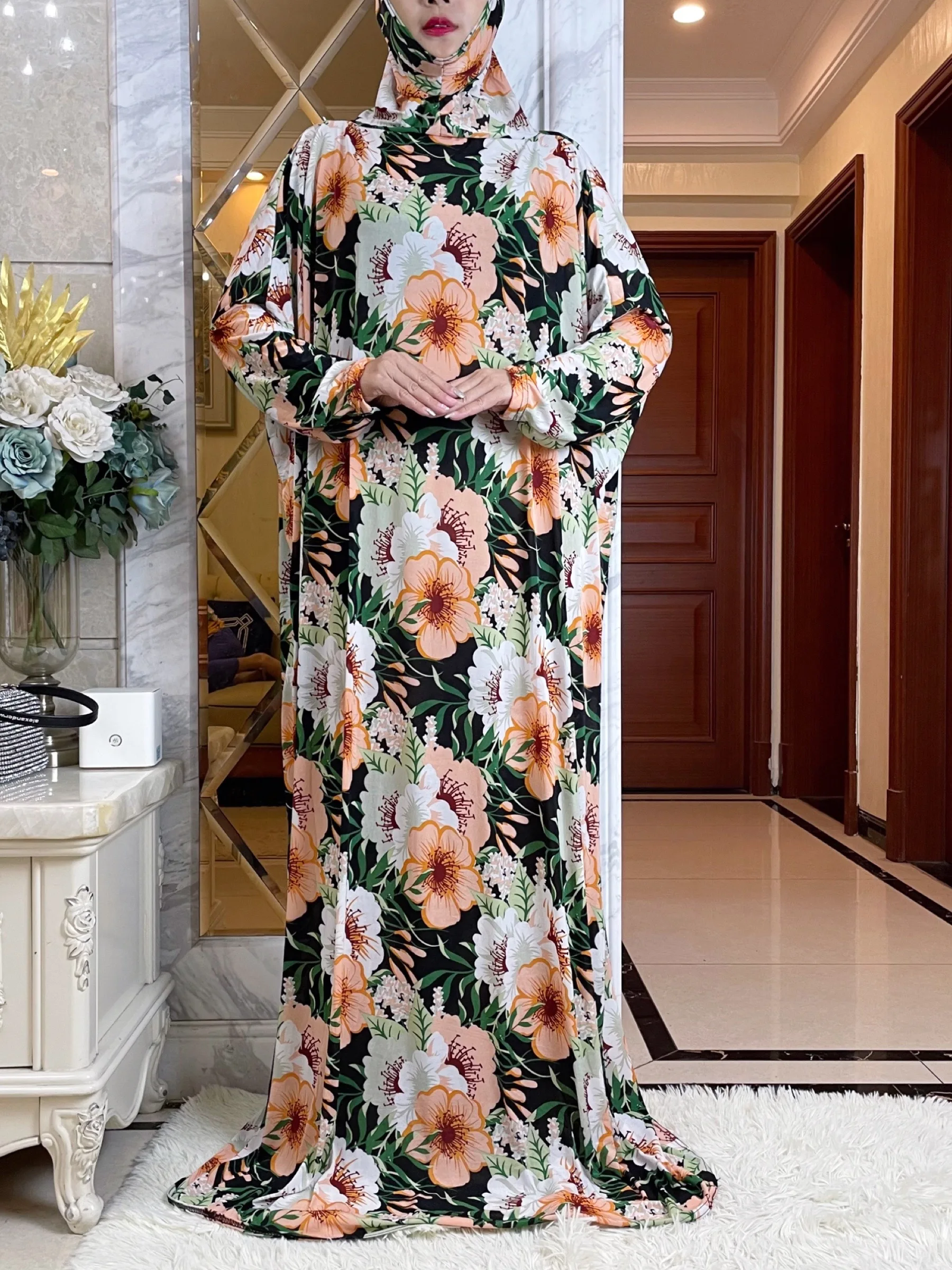 2023Eid Muslim Womens Hooded Abaya Turkey-African Prayer Garment Kaftan Dress With Hijab Floral Prints Dubai Saudi Robe Ramadan