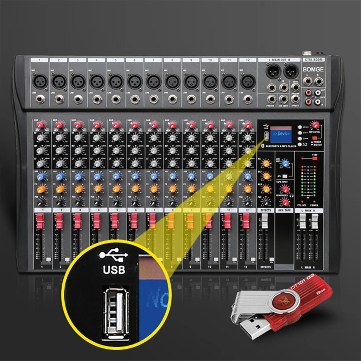 BOMGE 12 Channel Audio Mixer Sound Mixing Console with Bluetooth USB PC Recording Input XLR Microphone Jack 48V Power RCA Input