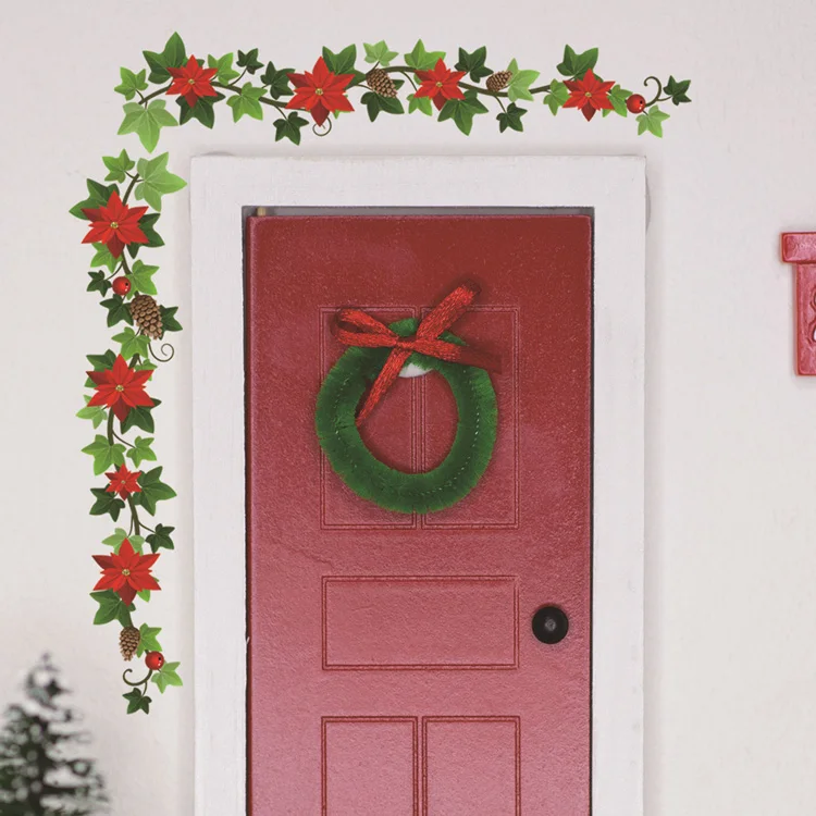 Weihnachtsblumen-Ranke Tannenzapfen Wandaufkleber Wohnzimmer Hintergrund Dekor Wandbild Neujahrsdekoration Selbstklebende Türkopf-Dekorationen – Detail 6
