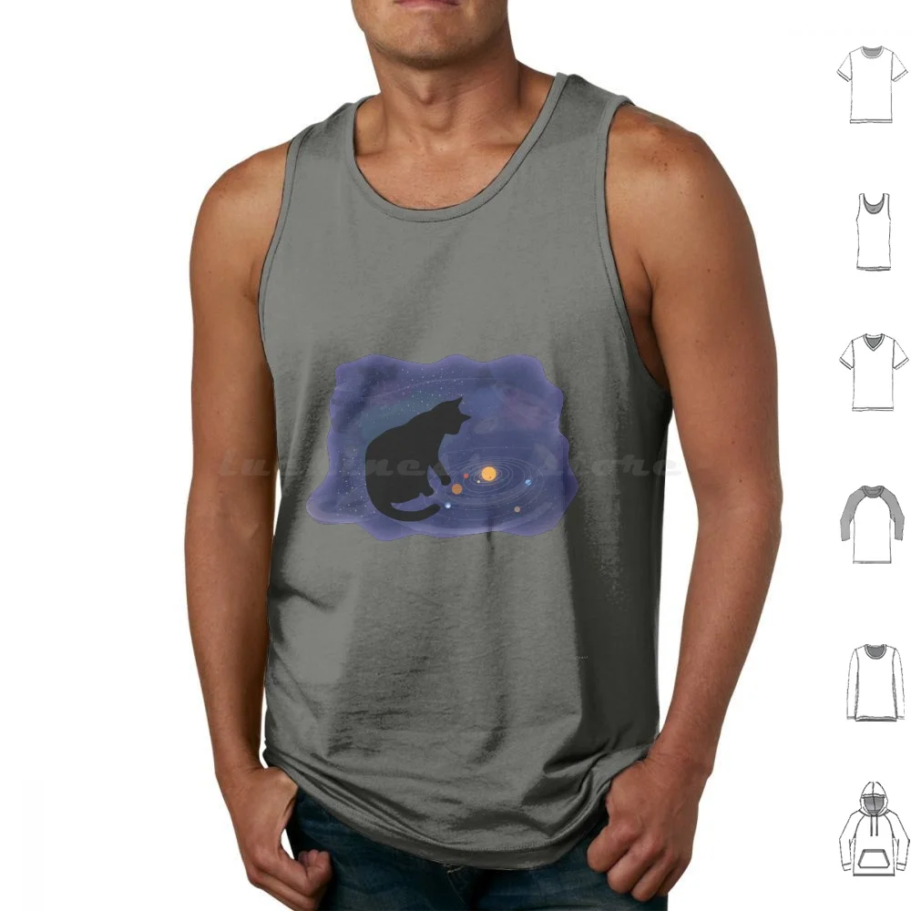 Interest Tank Tops Print Cotton Cat Universe Surreal Planets Moon Earth Sun Stars Venus Jupiter Saturn Uranus Neptune
