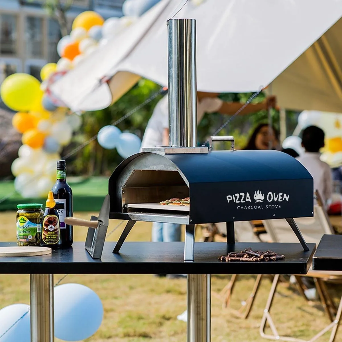 Modern Outdoor Stainless Steel Pizza Oven Wood Fired Toaster and BBQ Grill with Folding Trolley for Perfect Pizza Cooking