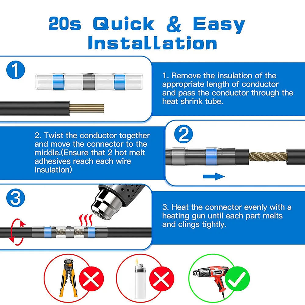 100/800PCS Solder Seal Wire Connectors Heat Shrink Solder Butt Connectors Kit Automotive Marine Insulated with 300W Hot Air Gun