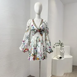 Hollow Out Floral Print 2024 New Summer Linen Cross Tie Waist Lantern Sleeve Diamonds Women Vintage Multi-color Mini Dress