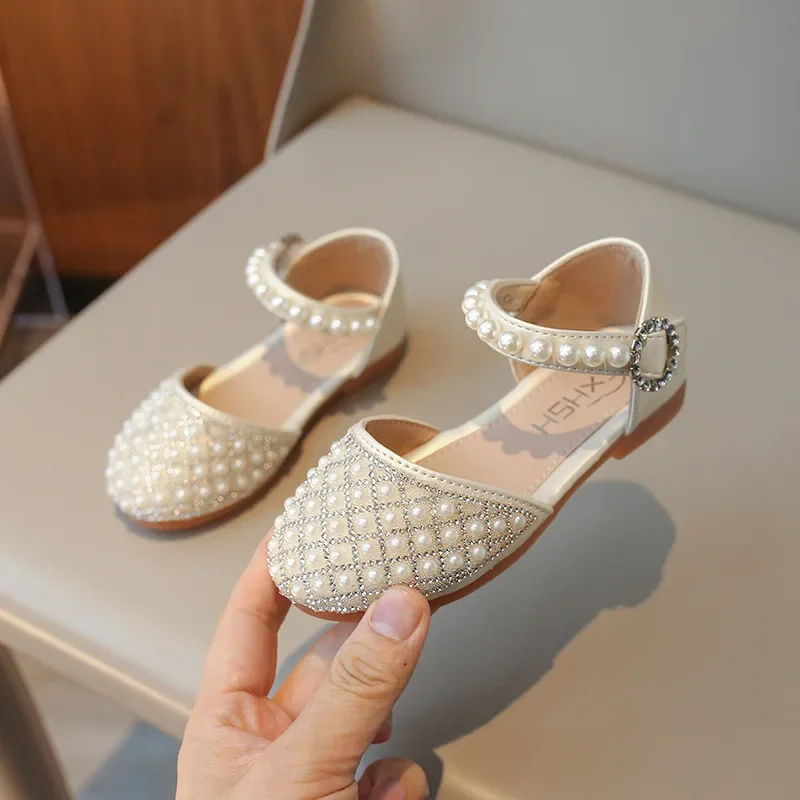 Children Party Flat Sandals Summer Rhinestone Pearl Sandals for Kids Girls Fashion Luxury Princess Causal Wedding Dress Shoes