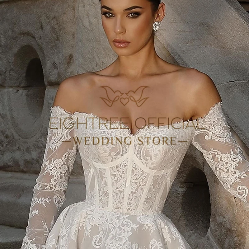 Abiti da sposa bianchi semplici di eigtree al largo della spalla abiti da sposa in pizzo a trapezio Boho Beach abito da ballo con pallina da sposa taglia personalizzata