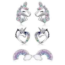 2/6Pcs 316 Stainless Steel Cute Heart-Shaped Unicorn Stud Earrings for Women Girls,Hypoallergenic CZ Rainbow Earring Studs