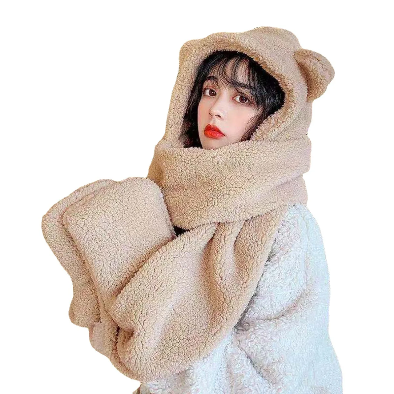 Winter Thickened Bear Hats Scarf All-in-one Female Korean Style Cute Fashion Cycling Ourdoor Warm Fleece E1795