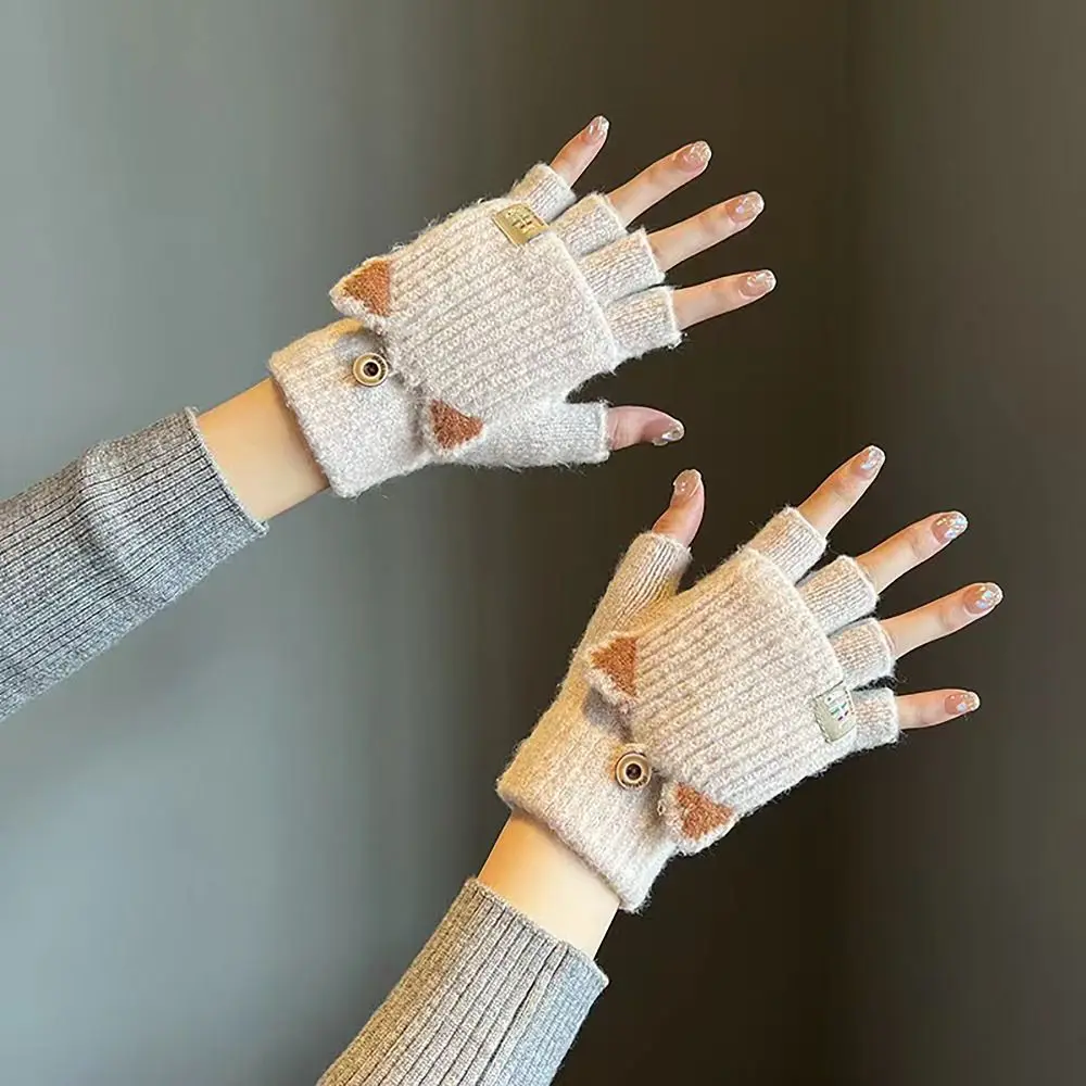 Knitted Wool Finger Gloves Screen Touchable Flip Cover Winter Gloves Korean Style Thicken Glove Bracers For Woman Winter Warm