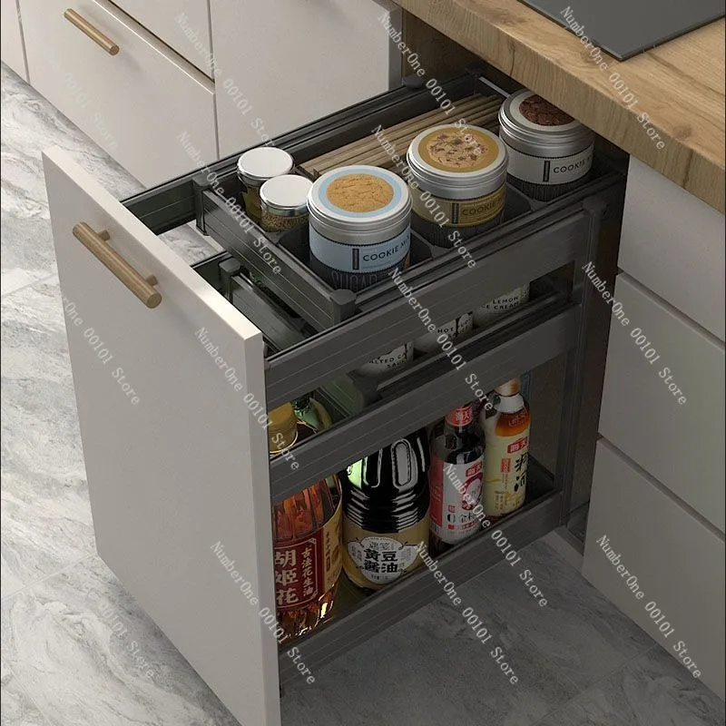 Aluminum Alloy Pull Out Cabinet Basket Drawer Spice Rack Kitchen Seasoning Organizer Shelf Double Layer Inner Drawer Storage