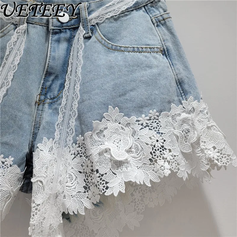 Lace Splicing Denim Shorts Women's 2025 Summer New Chic Design High Waist Short Jeans Sweet Spice Girl A-line Hot Pants