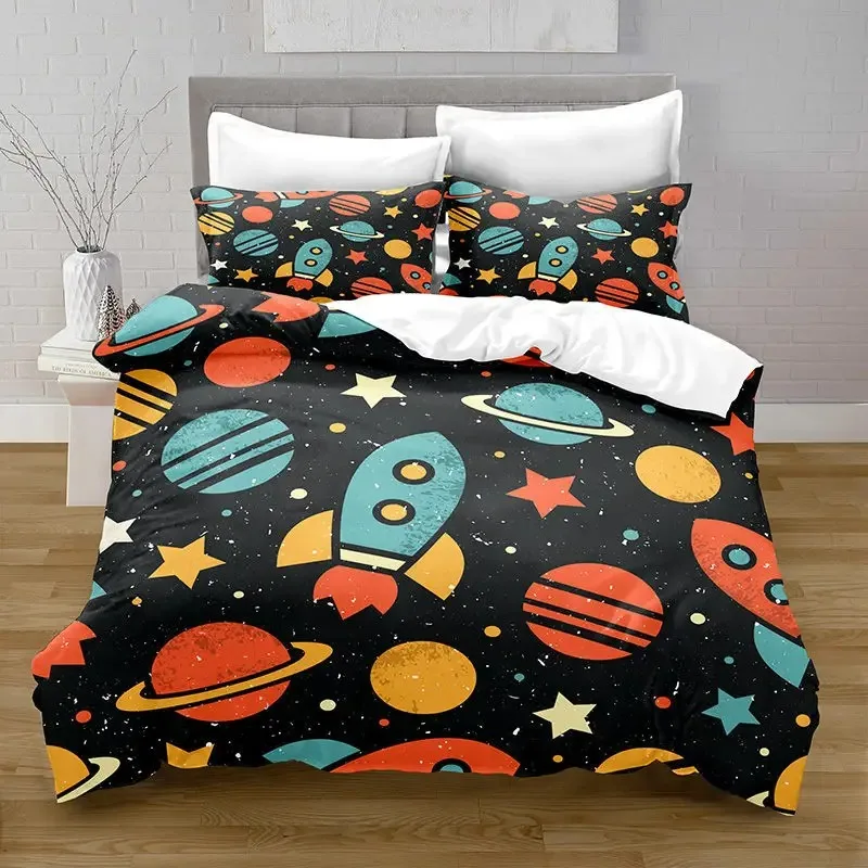 Outer Space Themed Kid Bedding Set Cartoon Rocket Planets Astronaut Duvet Cover King Queen Space Adventure