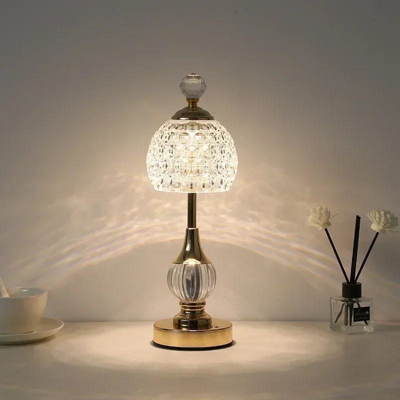 

New Metal Crystal Acrylic Desk Lamp, Bedroom Charging Touch Light, Nordic Retro Atmosphere Decoration, Small Night Light