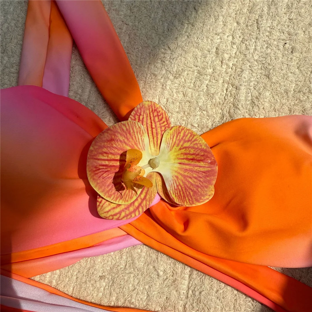 3D-Blumen-Bikini mit Batikmuster, Damen-Badeanzug, hoch geschnittener Bikini, zweiteiliges Bikini-Set, gepolsterter Badeanzug, Badebekleidung, Modell V6988. – Detail 11
