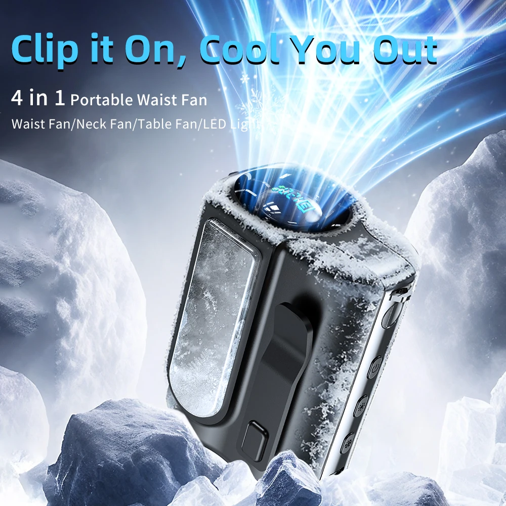 

120-Speed Waist Clip Fan 7000mAh Semiconductor Cooling 3-in-1 Light for Camping Fishing