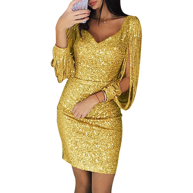

Big size women's V-neck shiny fringe long-sleeved Slim hip dresses