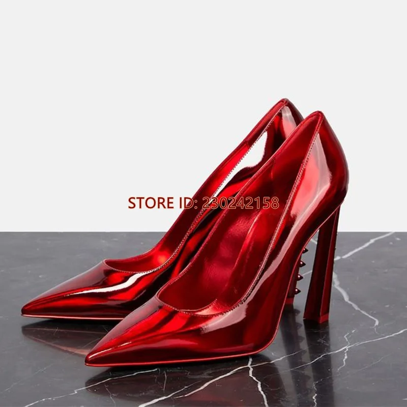 

Red Pointed Rivet Two-Sided Single Shoes Slip-On Large Size Sexy High Heels