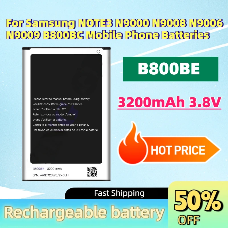 In Stock New B800BE 3200mAh 3.8V Replacement Battery for Samsung NOTE3 N9000 N9008 N9006 N9009 B800BC Mobile Phone Batteries