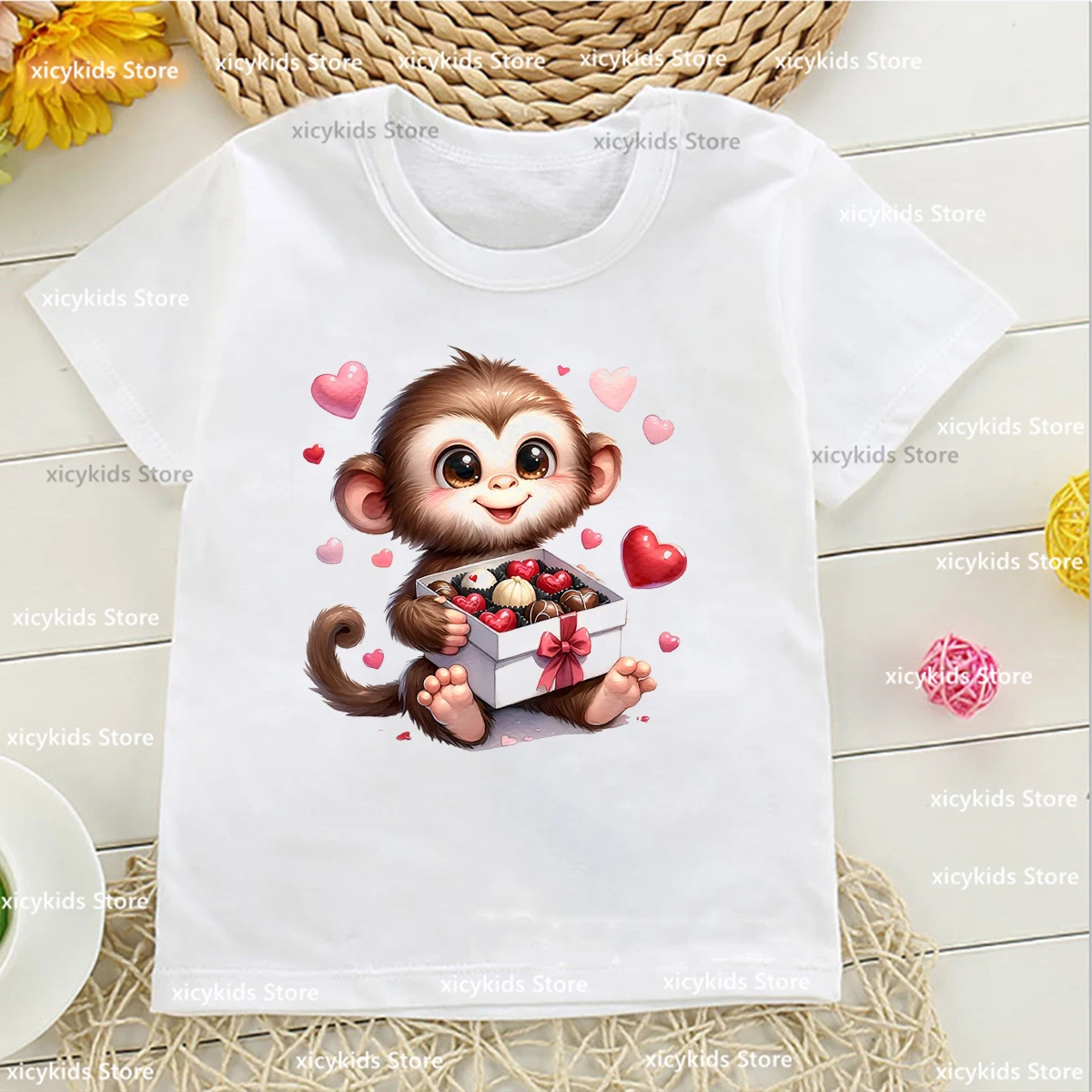 T-Shirt For Girls/Boys Cute Valentine'S Day Monkey Cartoon Print Kids Tshirt Fashion Baby Tshirt Boys/Girls Universal Clothes