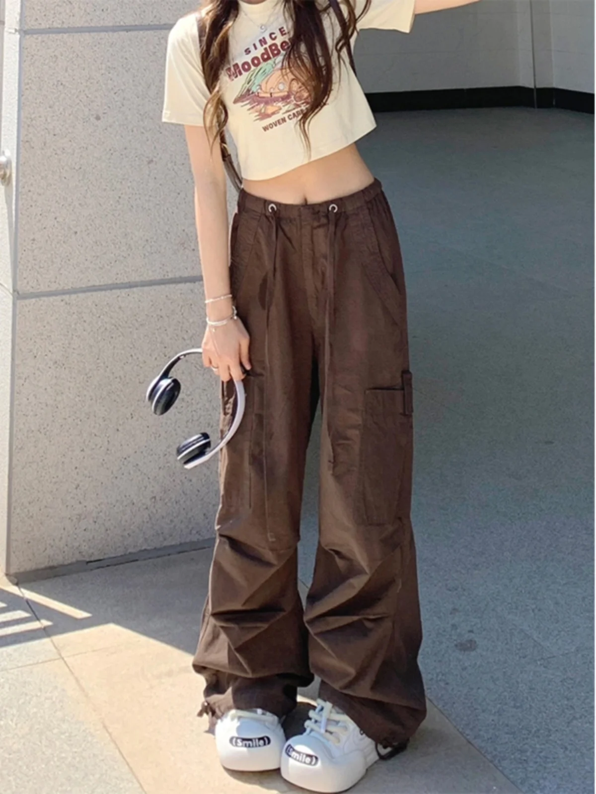 

Американские функциональные рабочие брюки с завязками, женские летние новые свободные широкие брюки с несколькими карманами, тонкие прямые повседневные брюки