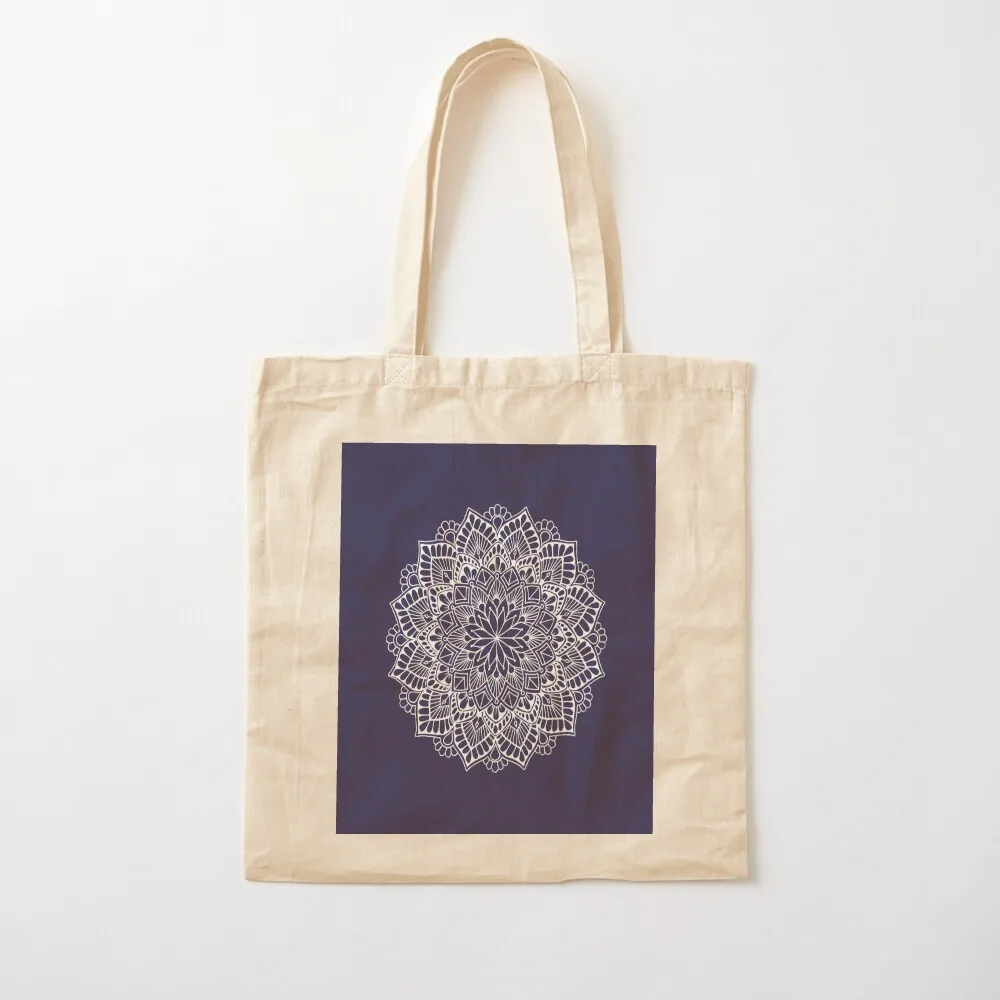 White mandala on midnight blue background Tote Bag tote bag custom shopping bags foldable Eco bag canvas tote