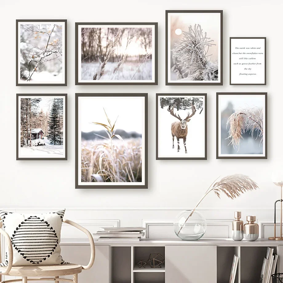 

Reindeer Bird Snow Reed Winter Nature Wall Art Canvas Painting Nordic Posters And Prints Wall Pictures For Living Room Decor