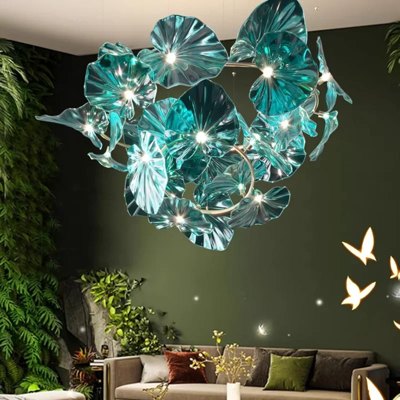 Nordic Design Green Glass Leaf Crystal Chandelier Hotel Lobby Attic Living Room Dining Room Island Banquet Lotus Leaf Chandelier