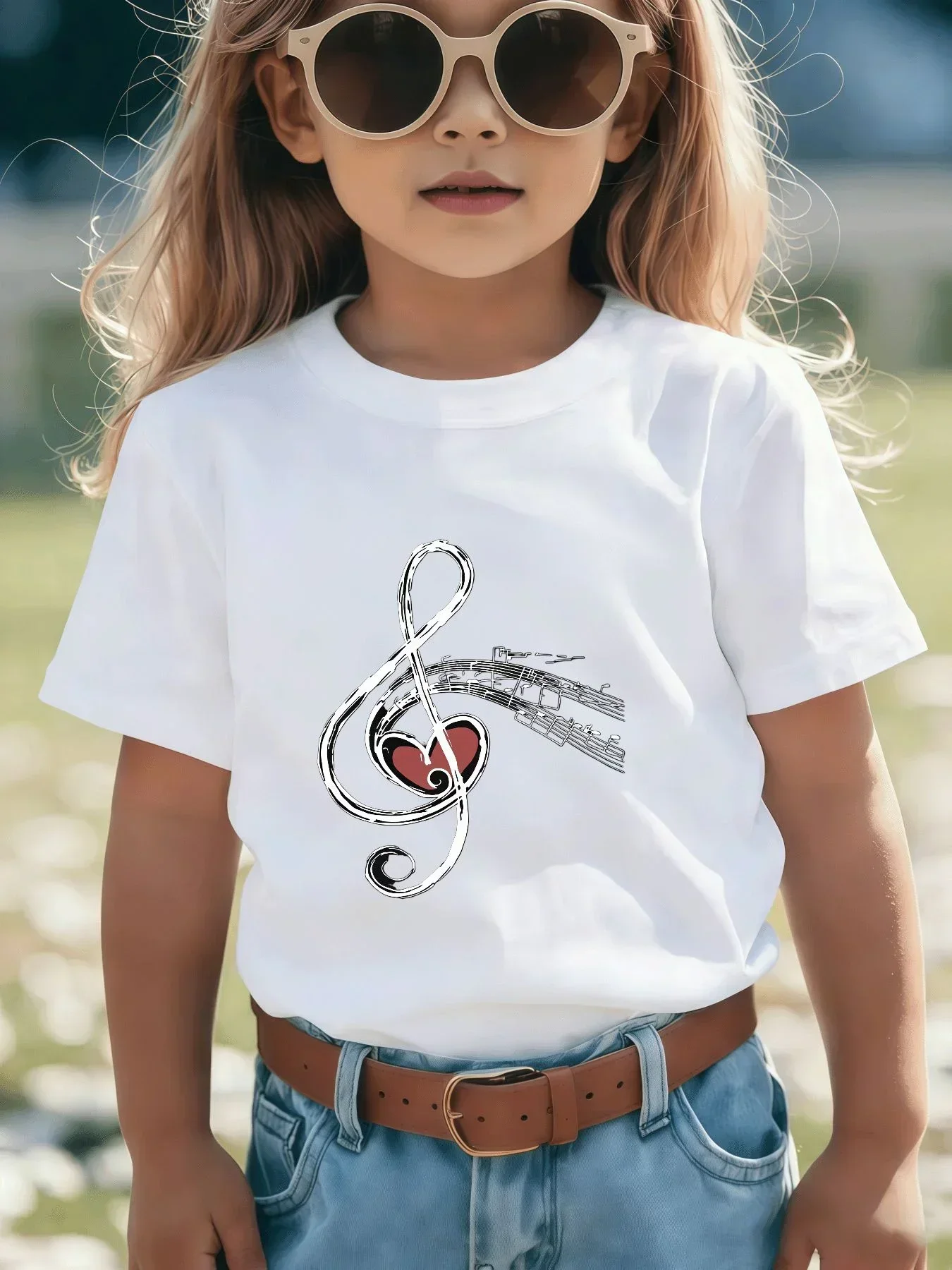 Kids Fashion Pink Short Sleeve T Shirt Music Treble Clef Heart Note Print Girls Music Theme Summer Versatile Tee