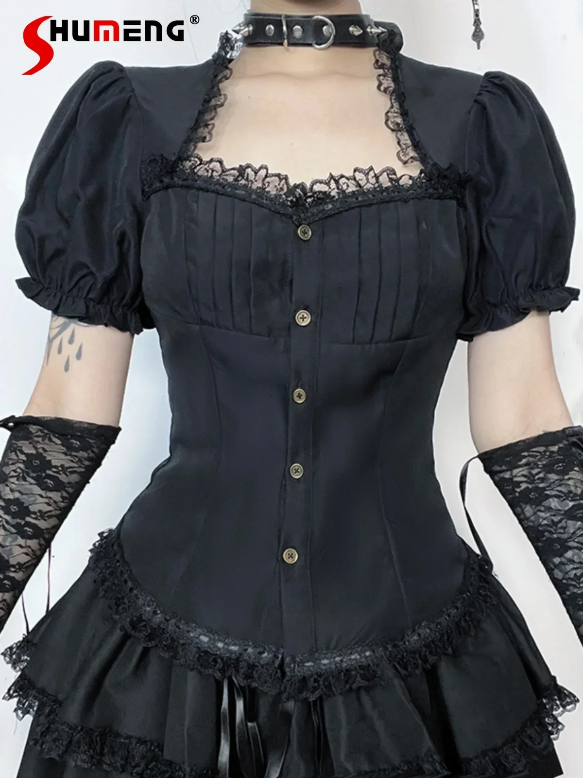 

2024 Japanese Gothic Slim Fit Elegant Black Vintage Short-sleeved Shirt Female Lolita Puff Sleeve Design Aesthetic Blouse Women