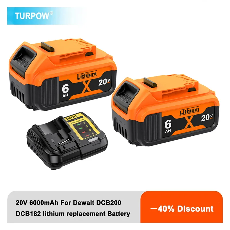 Turpow DCB200 20V 6000mAh Lithium Replacement Battery For Dewalt 18V DCB184 DCB200 DCB182 DCB180 DCB181 DCB182 DCB201 DCB206