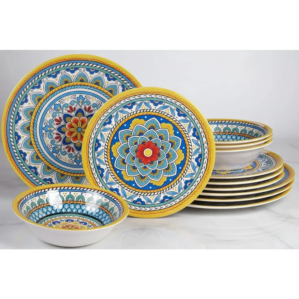 

12-Piece Melamine Dinnerware Set for 4, Vibrant Multi-Color Plates & Bowls, Durable Outdoor Dining