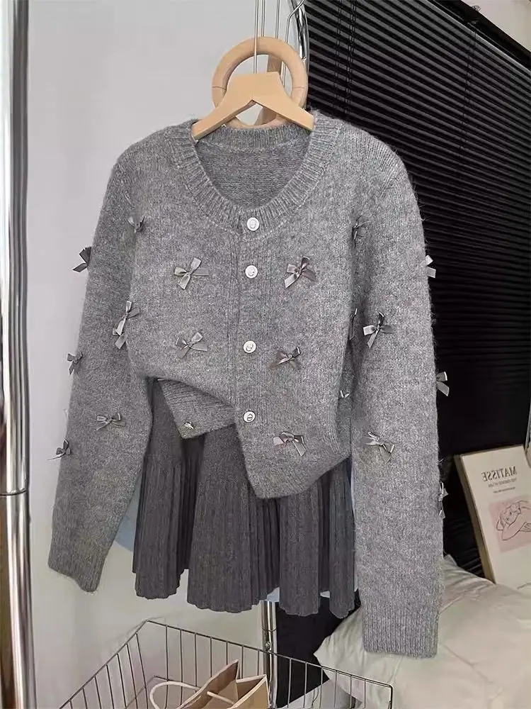 

Korean Style Miu Aesthetic Grey Knit Sweater and Mini Skirt Set for Petite Women Fall Winter Soft Girl Matching Outfit Fashion
