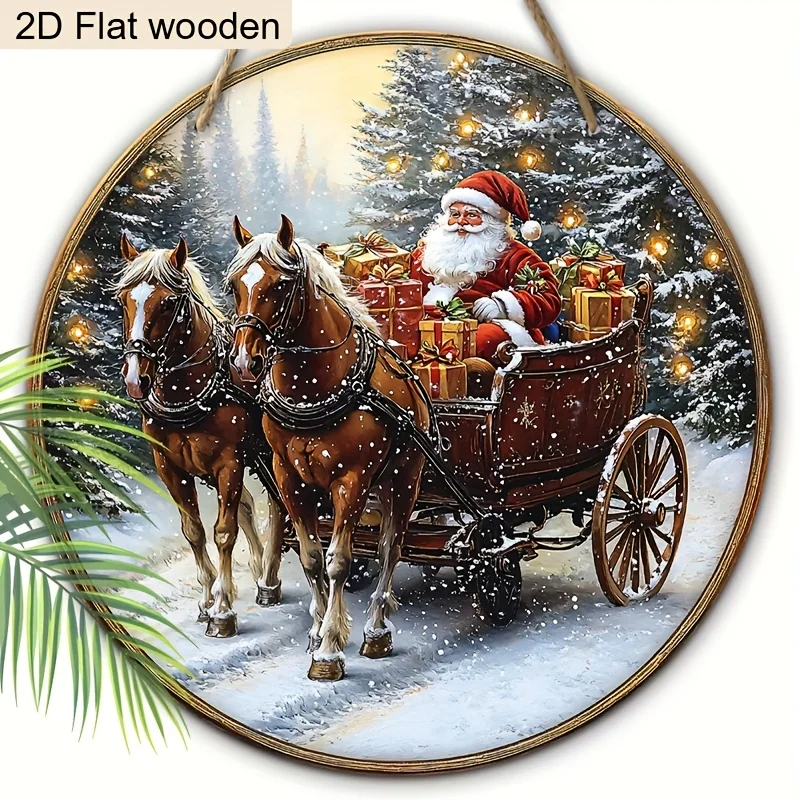 2D flache Weihnachts-Weihnachtsmann- und Wanddekoration mit Pferdemotiv, rundes Holzschild, geeignet für Festival-Dekoration
