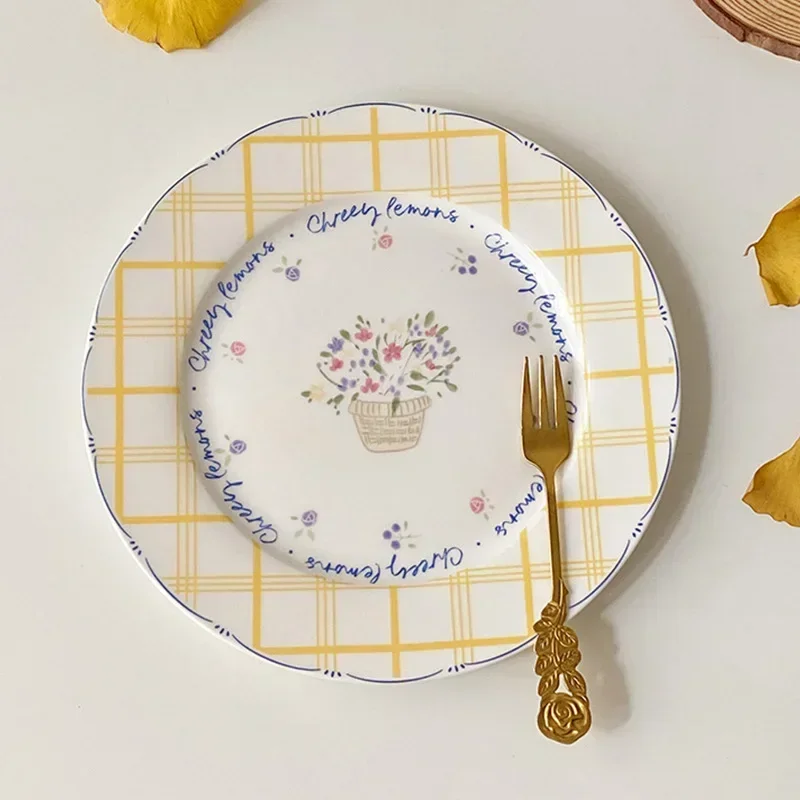 Plato de cerámica de estilo coreano con letras y flores, plato de desayuno a cuadros amarillos, estilo pastoral creativo, plato