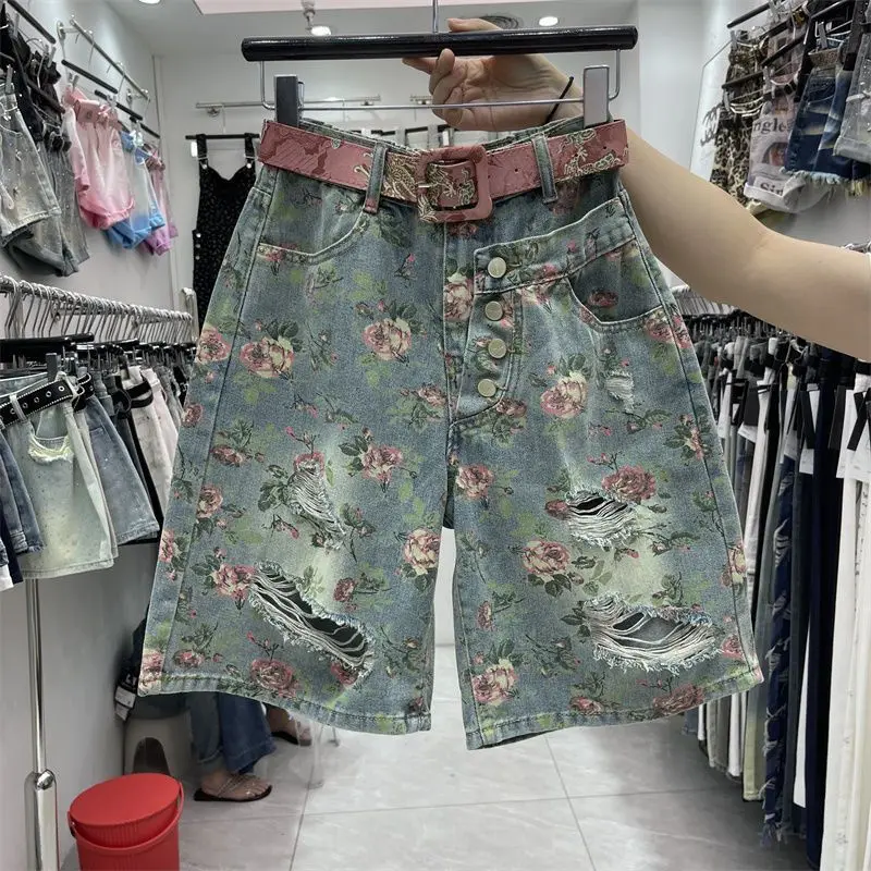 

Pockets Straight Sashes Hole Distressed Women's Clothing Flower Printing Summer Button High Waisted Zipper Vintage Shorts